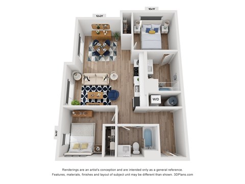 A 3D floor plan of a small apartment with a living room, kitchen, and bathroom.